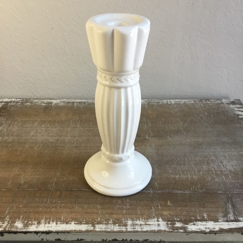 10” Classic ceramic white candlestick with hobnail buttons and column fluting